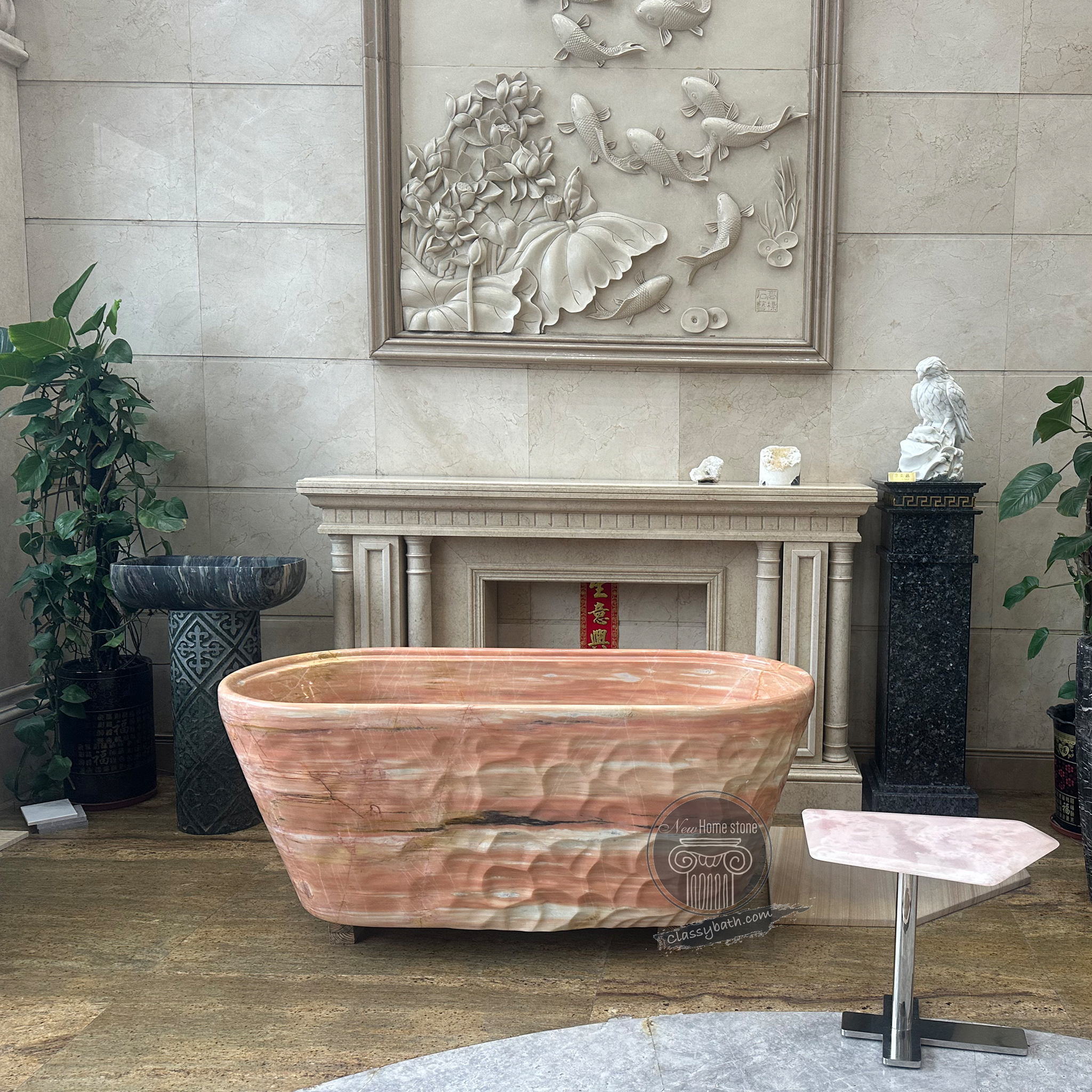 Hand-Carved Red Vein Marble Bathtub